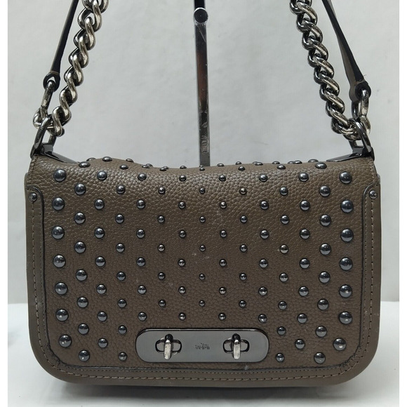 Coach Swagger Shoulder Bag In Brown Pebble Leather With Ombre Rivets Chain Strap - Picture 2 of 16